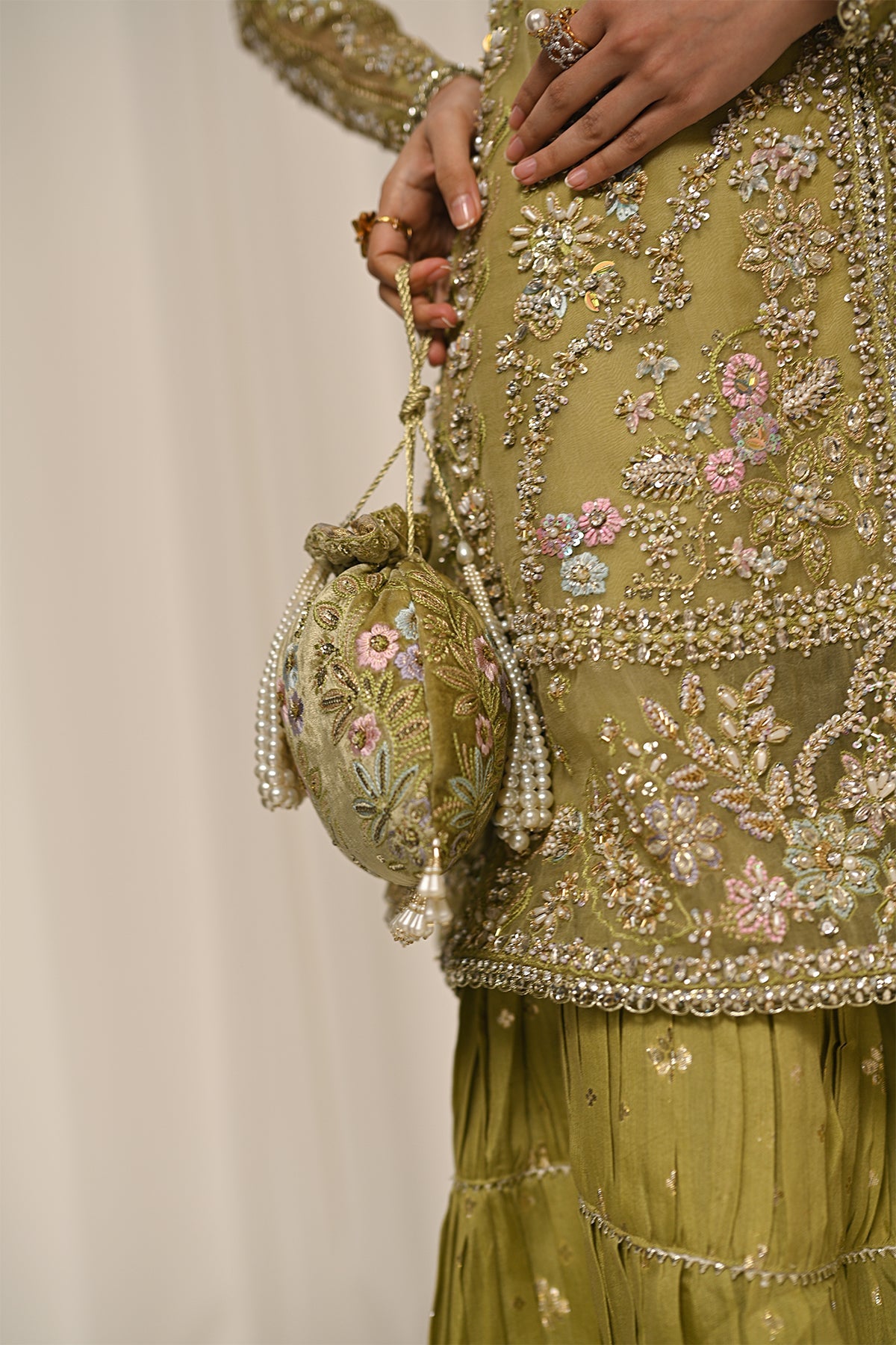 Saad Bin Shahzad Meraki – olive green embroidered organza sharara suit from Kai-Ros Wedding Unstitched'25 – view 6