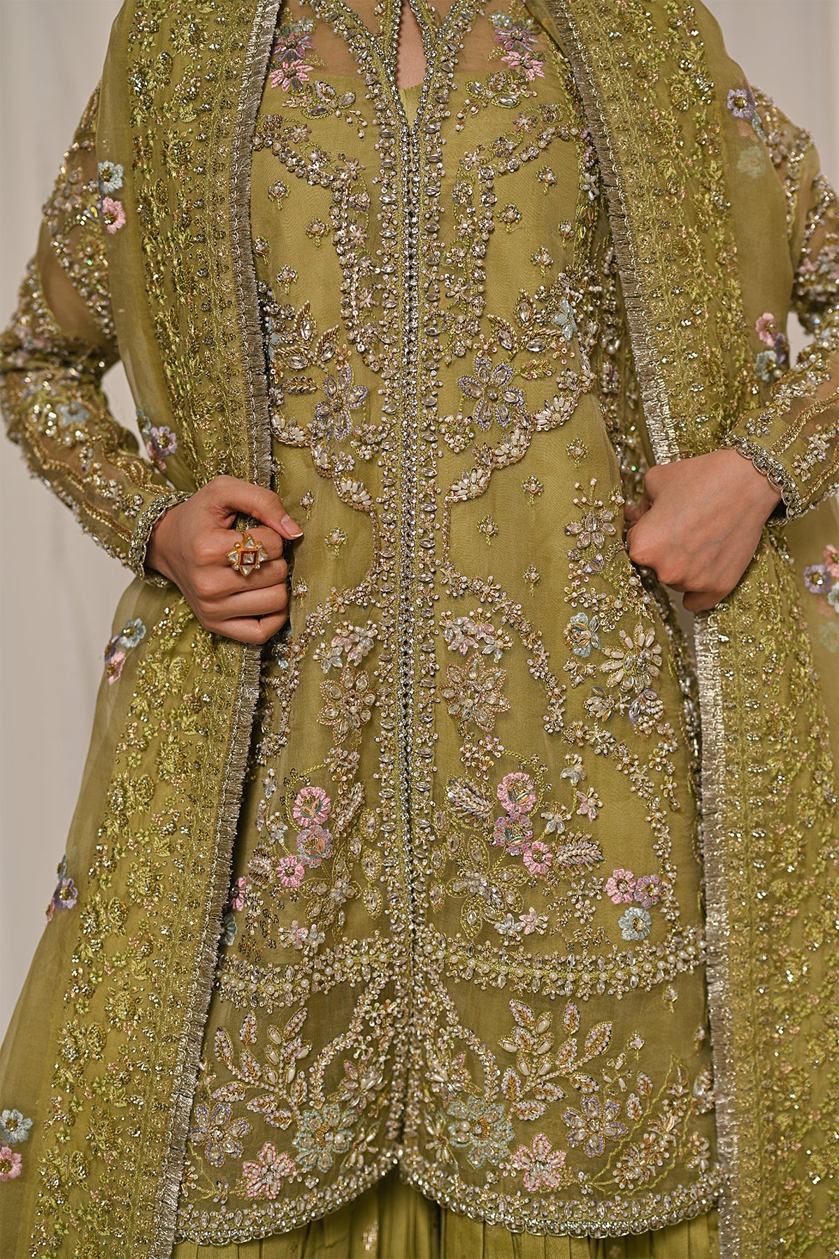 Saad Bin Shahzad Meraki – olive green embroidered organza sharara suit from Kai-Ros Wedding Unstitched'25 – view 4