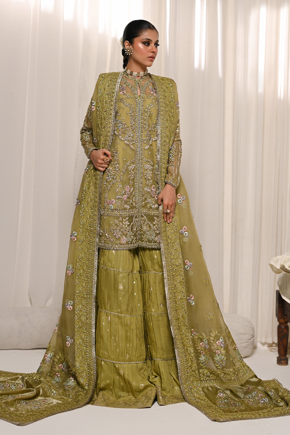 Saad Bin Shahzad Meraki – olive green embroidered organza sharara suit from Kai-Ros Wedding Unstitched'25 – view 11
