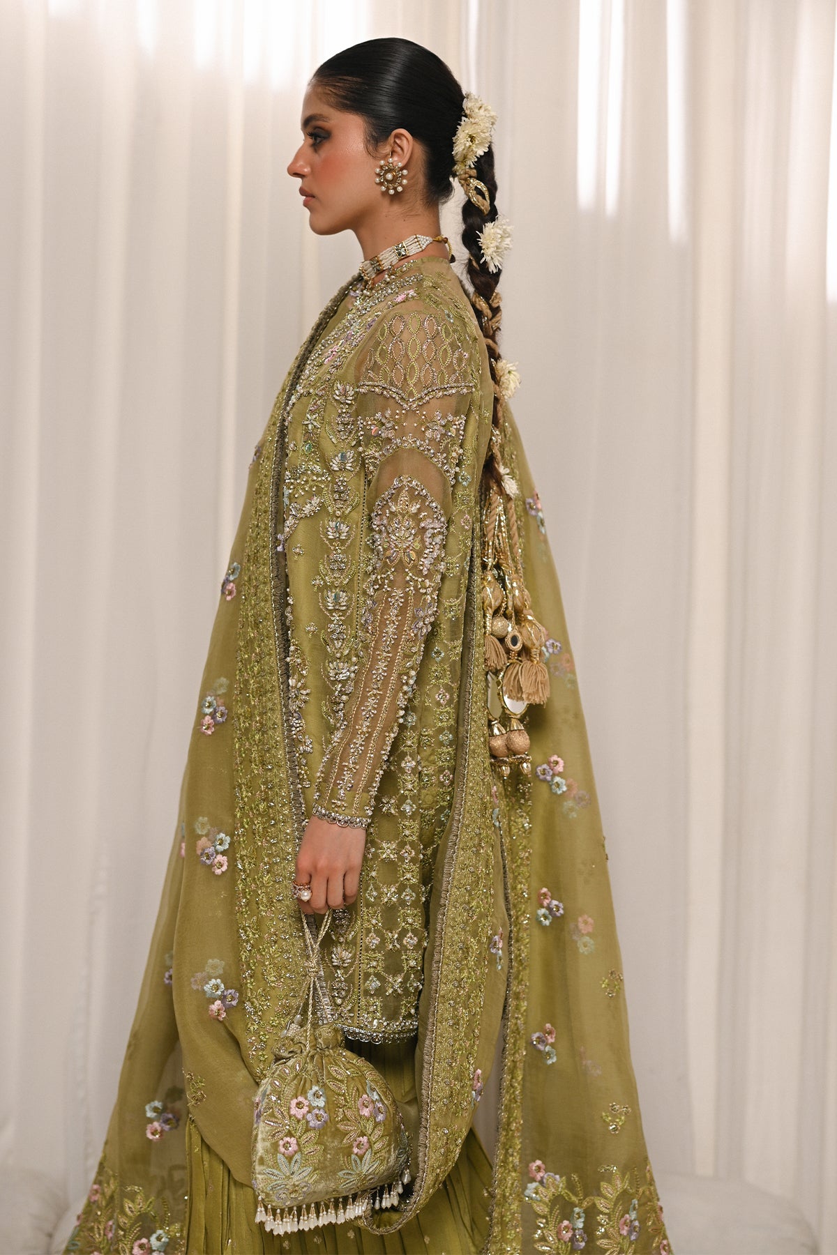 Saad Bin Shahzad Meraki – olive green embroidered organza sharara suit from Kai-Ros Wedding Unstitched'25 – view 8