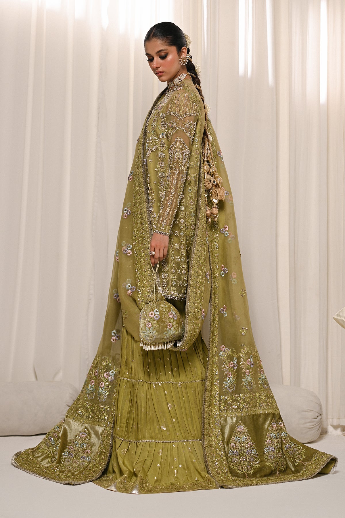 Saad Bin Shahzad Meraki – olive green embroidered organza sharara suit from Kai-Ros Wedding Unstitched'25