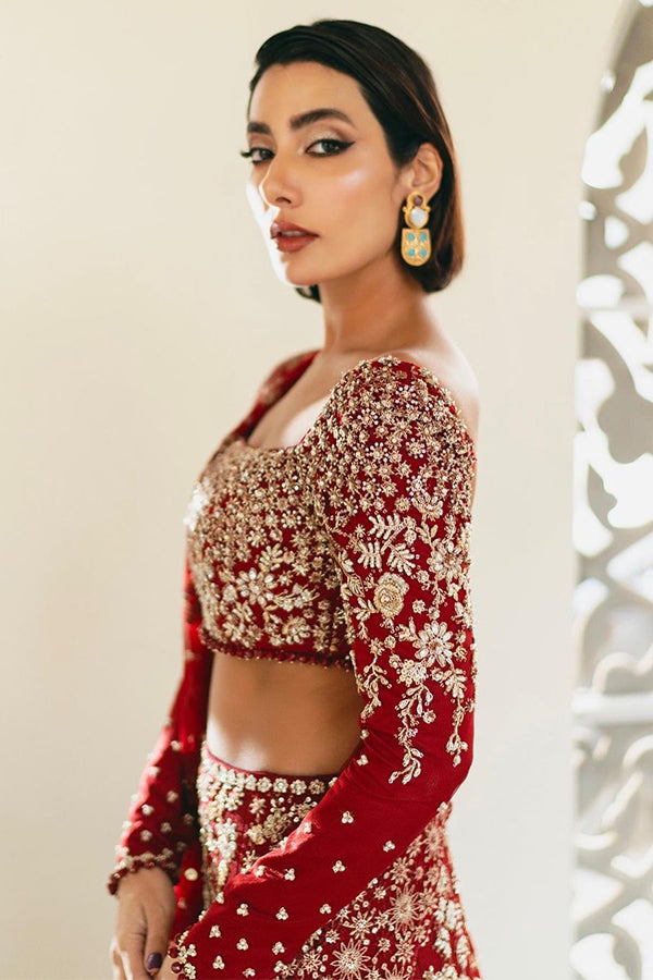 Saad Bin Shahzad Amelia – deep red gold embroidered lehenga choli from Lolita'24 – view 5