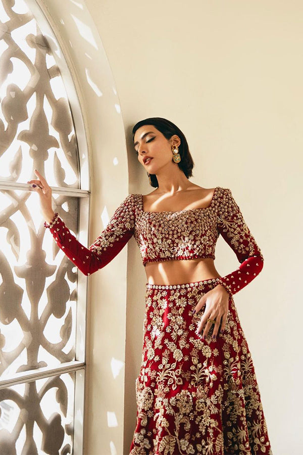 Saad Bin Shahzad Amelia – deep red gold embroidered lehenga choli from Lolita'24 – view 7