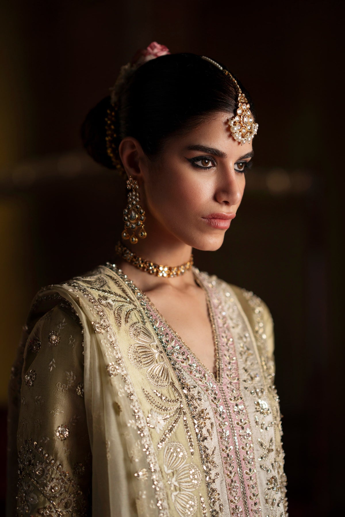 Saad Bin Shahzad Selin – pastel olive embroidered silk long shirt with sharara from LAAVNI'25 – view 3