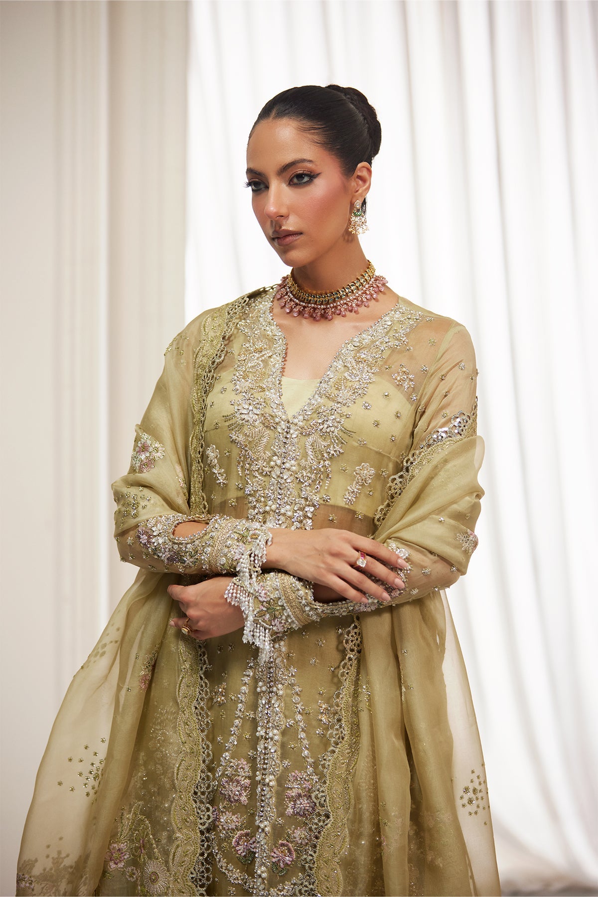 Saad Bin Shahzad Asmira – olive green zardozi organza long shirt with sharara from Lolita'25 – view 3