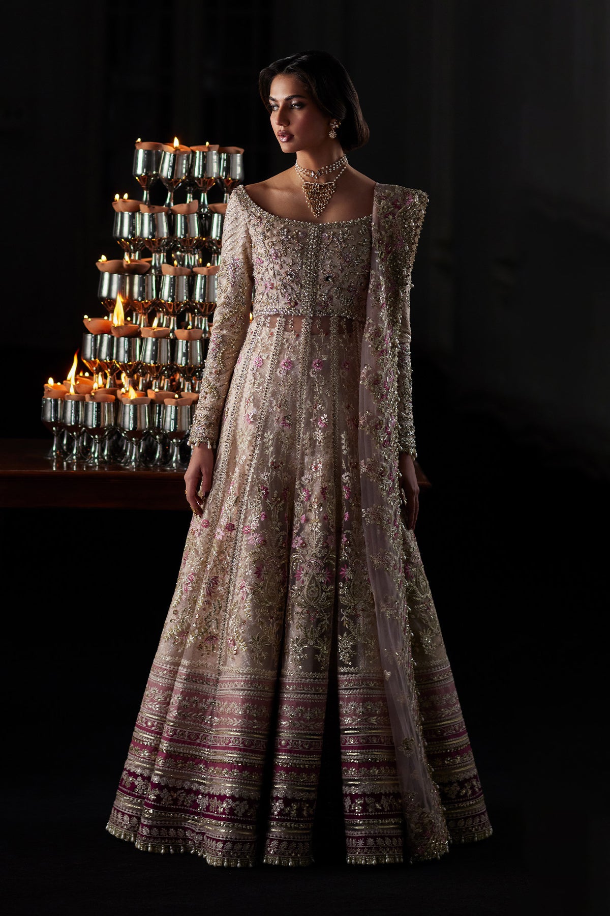 Saad Bin Shahzad Rina – nude pink embroidered net pishwas with jamawar lehenga from El Veneto Luxury Formals – view 10