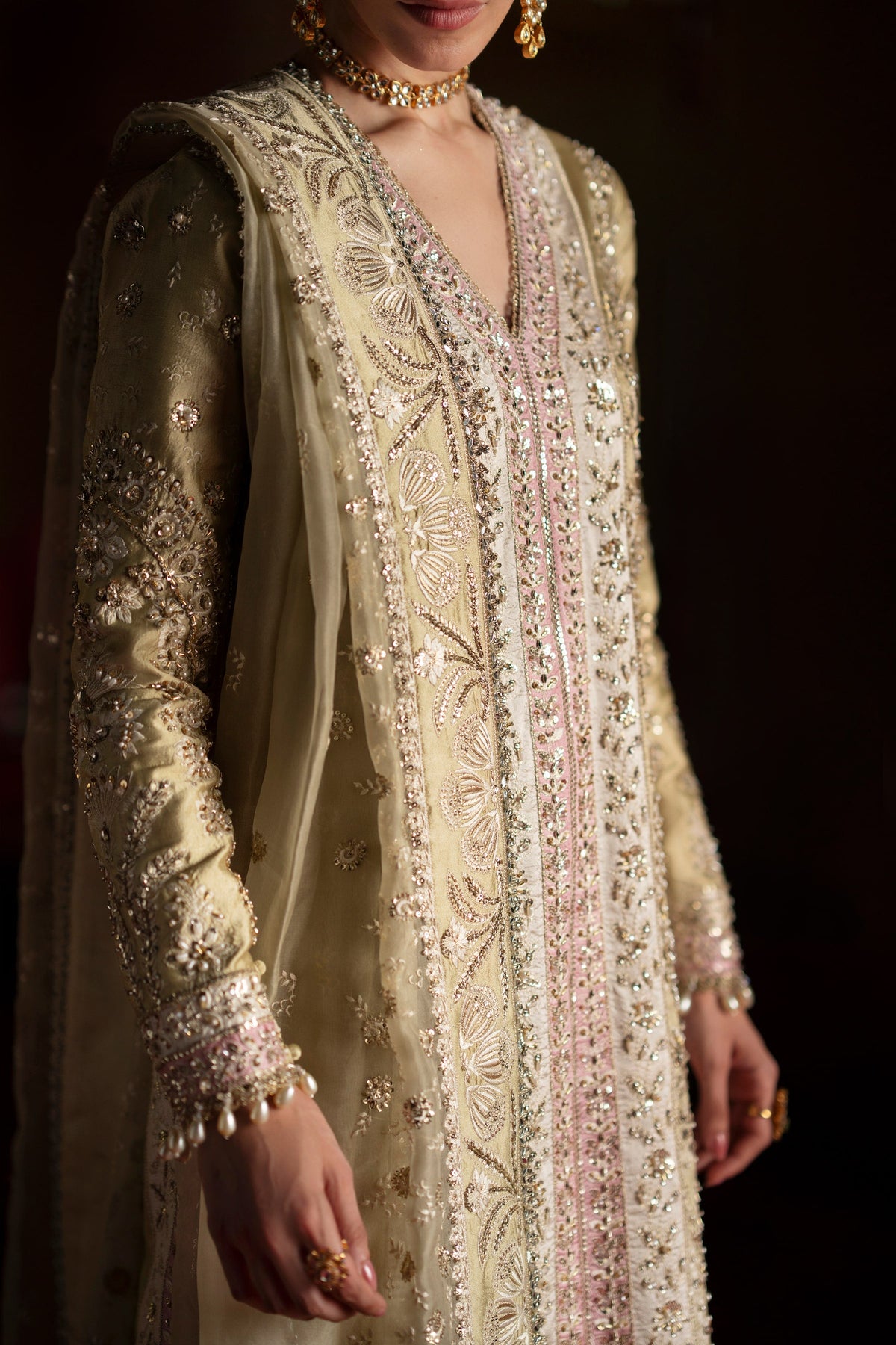 Saad Bin Shahzad Selin – pastel olive embroidered silk long shirt with sharara from LAAVNI'25 – view 4