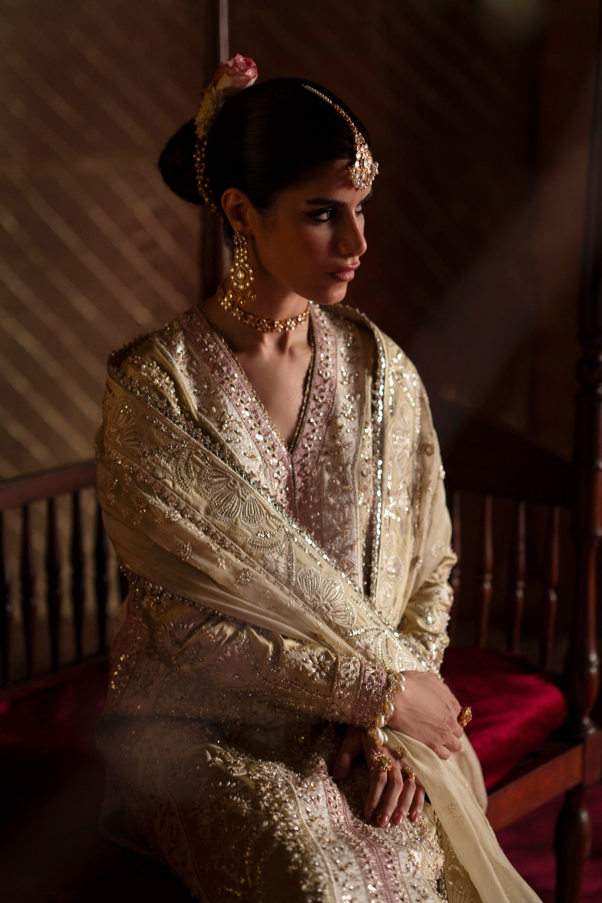 Saad Bin Shahzad Selin – pastel olive embroidered silk long shirt with sharara from LAAVNI'25 – view 7