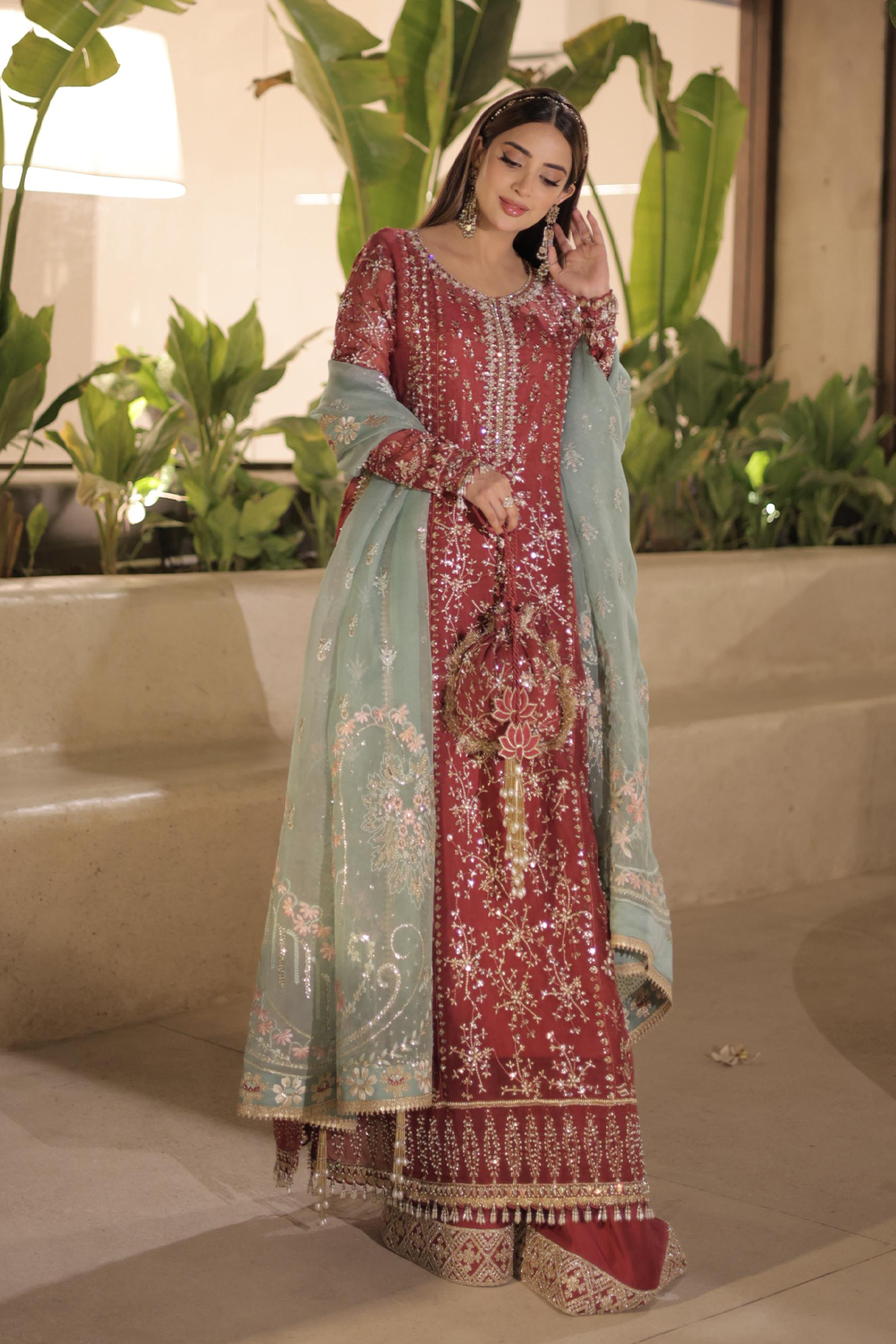 Saad Bin Shahzad Neriha – rust organza kurta with turquoise dupatta from Kai-Ros Wedding Unstitched'25 – view 3