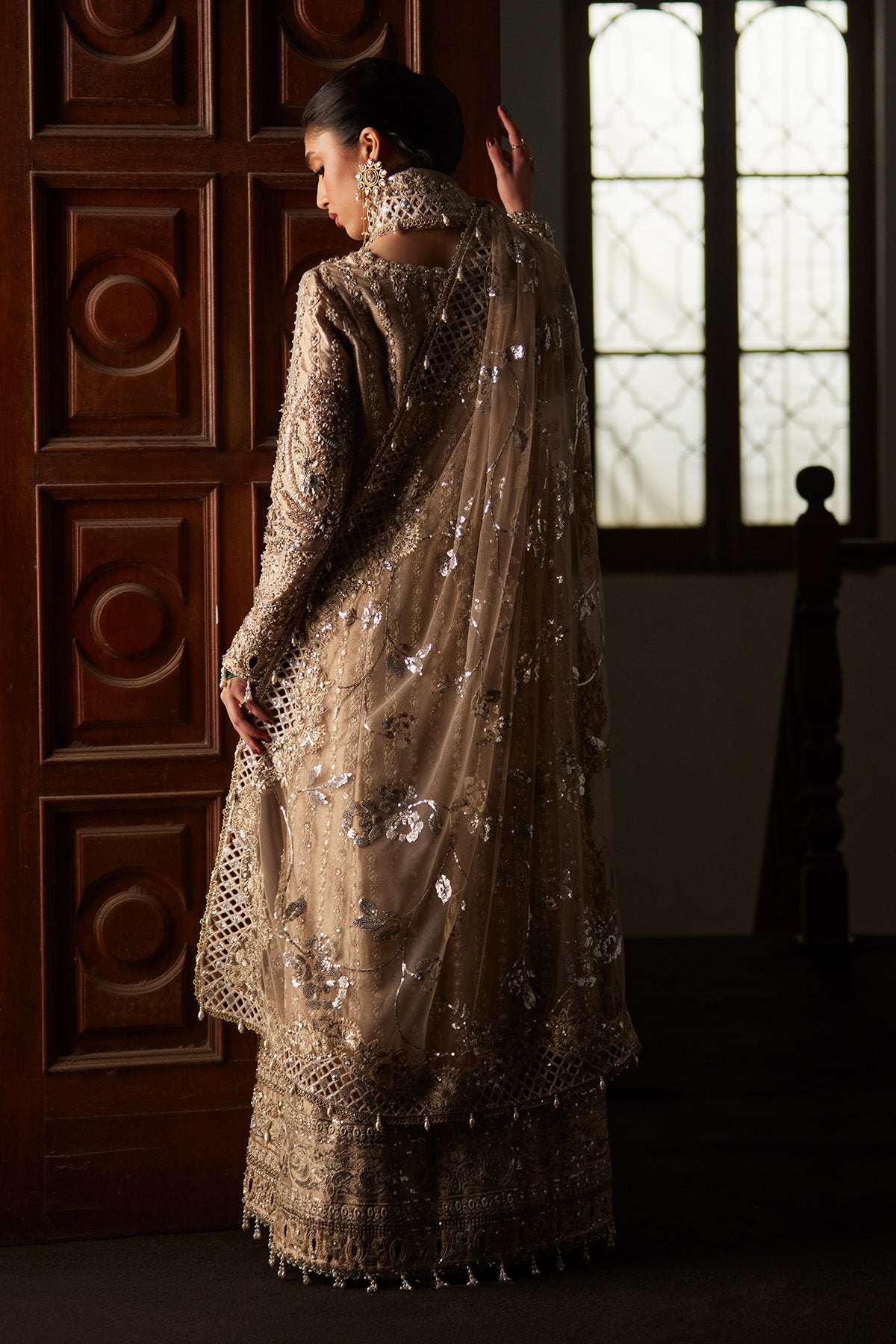 Saad Bin Shahzad Zely – champagne zardozi and sheesha tissue long kurta with culottes from El Veneto Luxury Formals – view 2