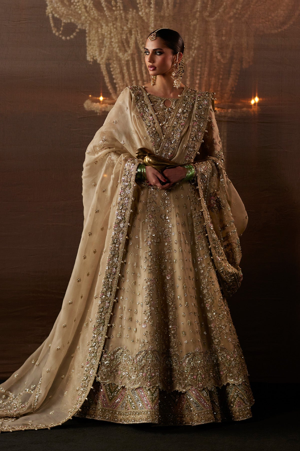 Saad Bin Shahzad Arwa – beige zardozi kalidar pishwas with lehenga from Chandni Bridal'26