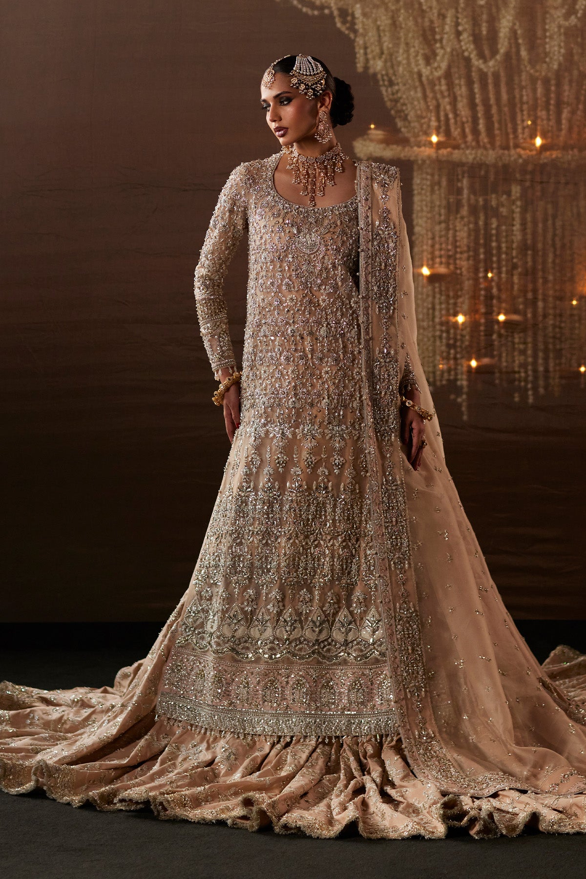 Saad Bin Shahzad Nour – peach zardozi long shirt with farshi lehenga from Chandni Bridal'26