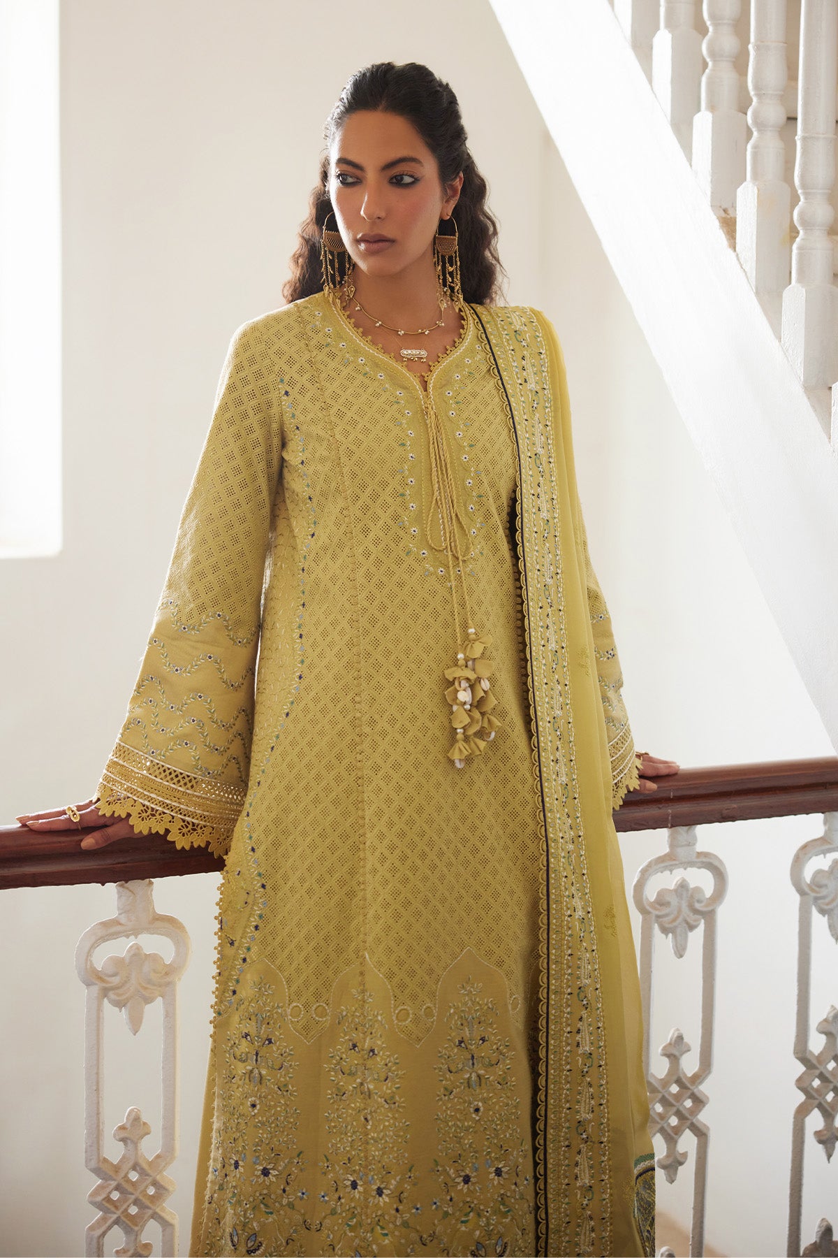 Saad Bin Shahzad Freya – pastel corn yellow boring-embroidered lawn kurta with culottes from Depalpur – view 2