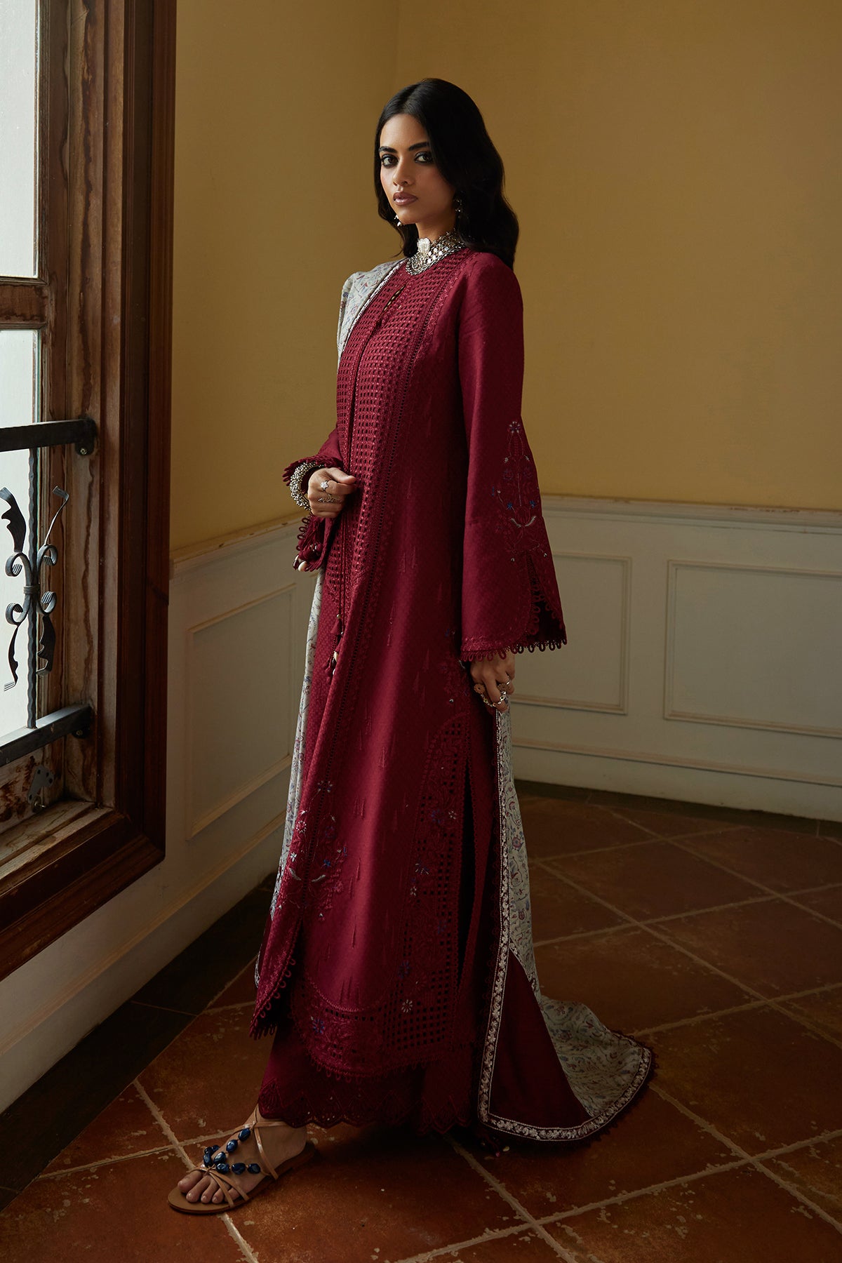 Saad Bin Shahzad Feeha – deep red cutwork lawn front-open kurta with printed silk dupatta from Summer Pret'26 – view 2