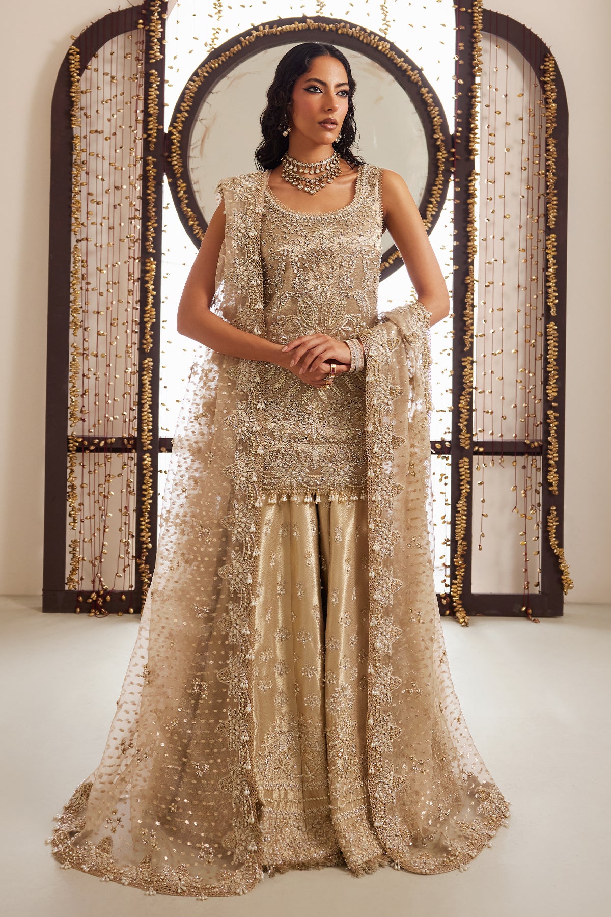 Saad Bin Shahzad Kara – gold zardozi tissue short shirt with sharara from Lolita'25