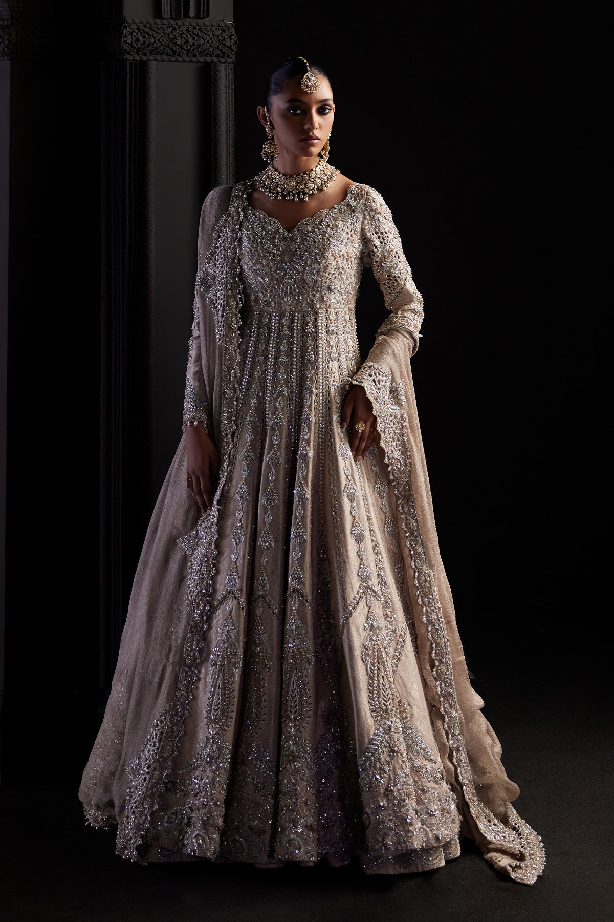 Saad Bin Shahzad Ahlam – nude pink jamawar bridal pishwas with zardozi from Chandni Bridal'26