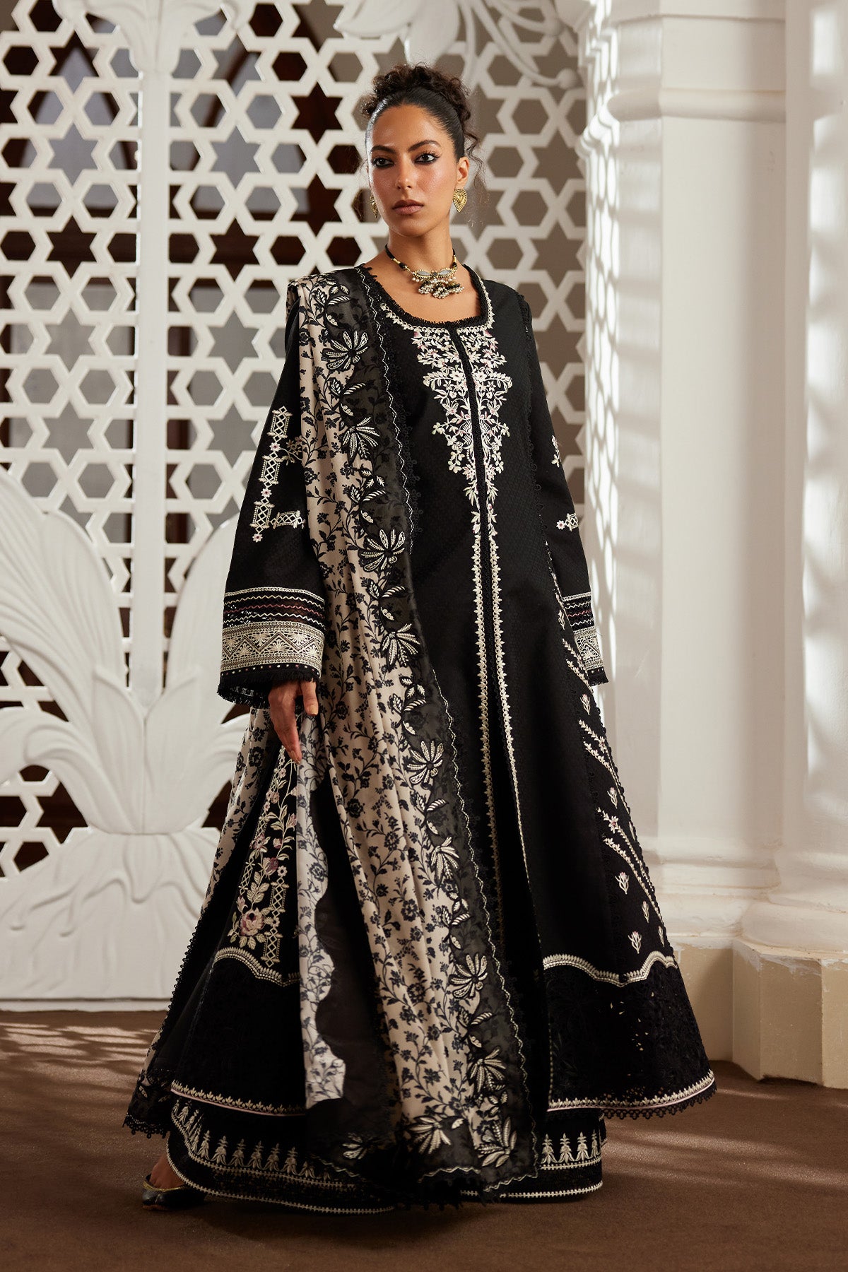 Saad Bin Shahzad Eshal – black embroidered jacquard lawn kalidar with culottes and printed silk dupatta from Depalpu – view 2