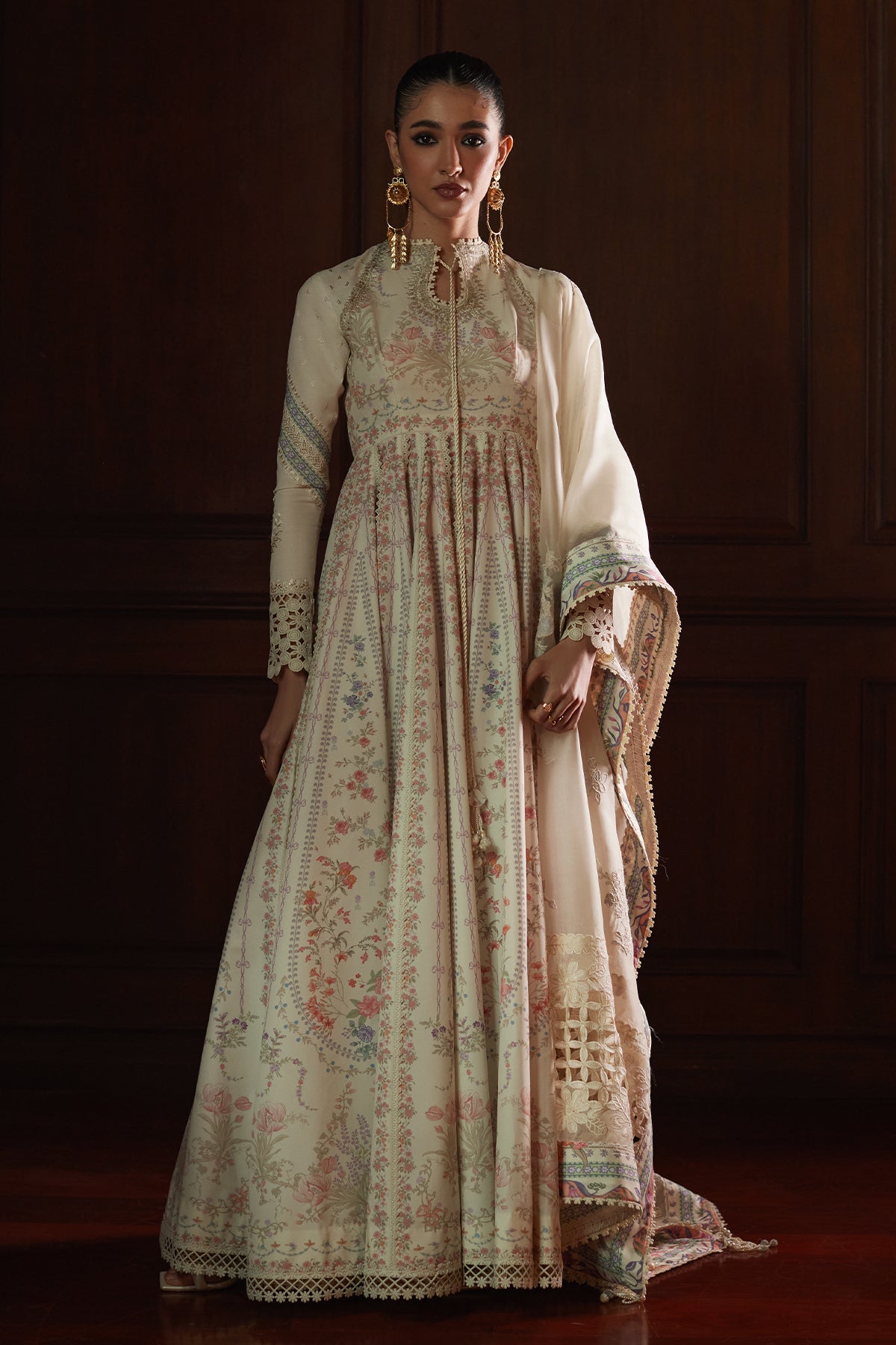 Saad Bin Shahzad Safira – ivory floral printed and embroidered lawn pishwas from Depalpur – view 2