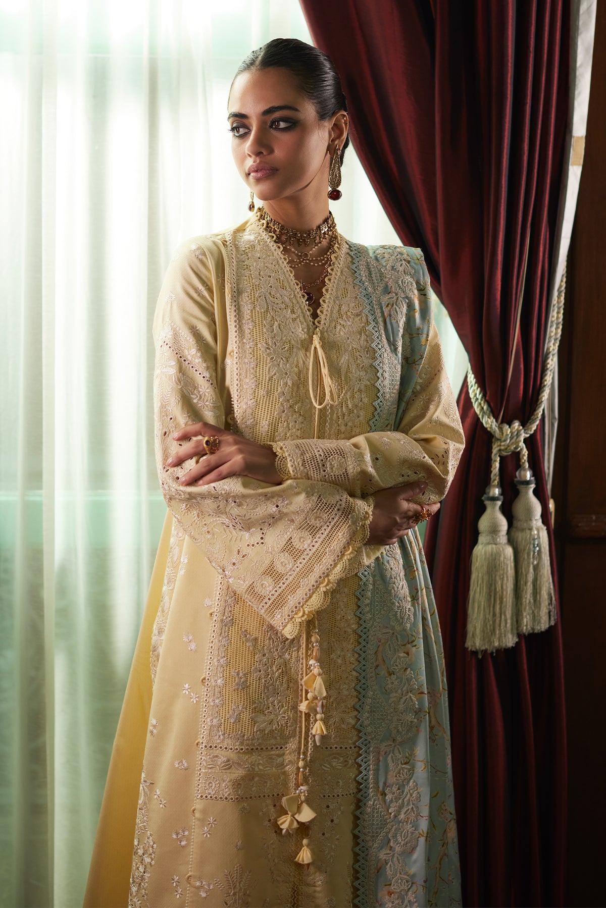 Saad Bin Shahzad Daneen – butter yellow embroidered lawn front-open kurta with ice blue dupatta from Summer Pret'26 – view 2