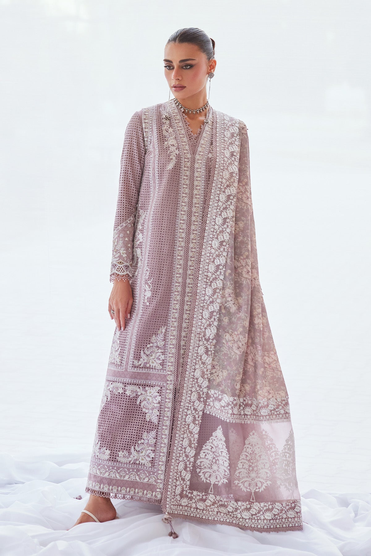 Saad Bin Shahzad Minha – lavender shifli embroidered lawn open shirt with culottes from Depalpur – view 2