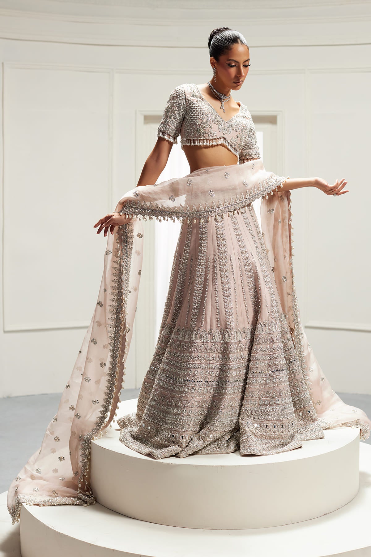 Saad Bin Shahzad Omina – blush pink silver-embellished lehenga choli from Lolita'25