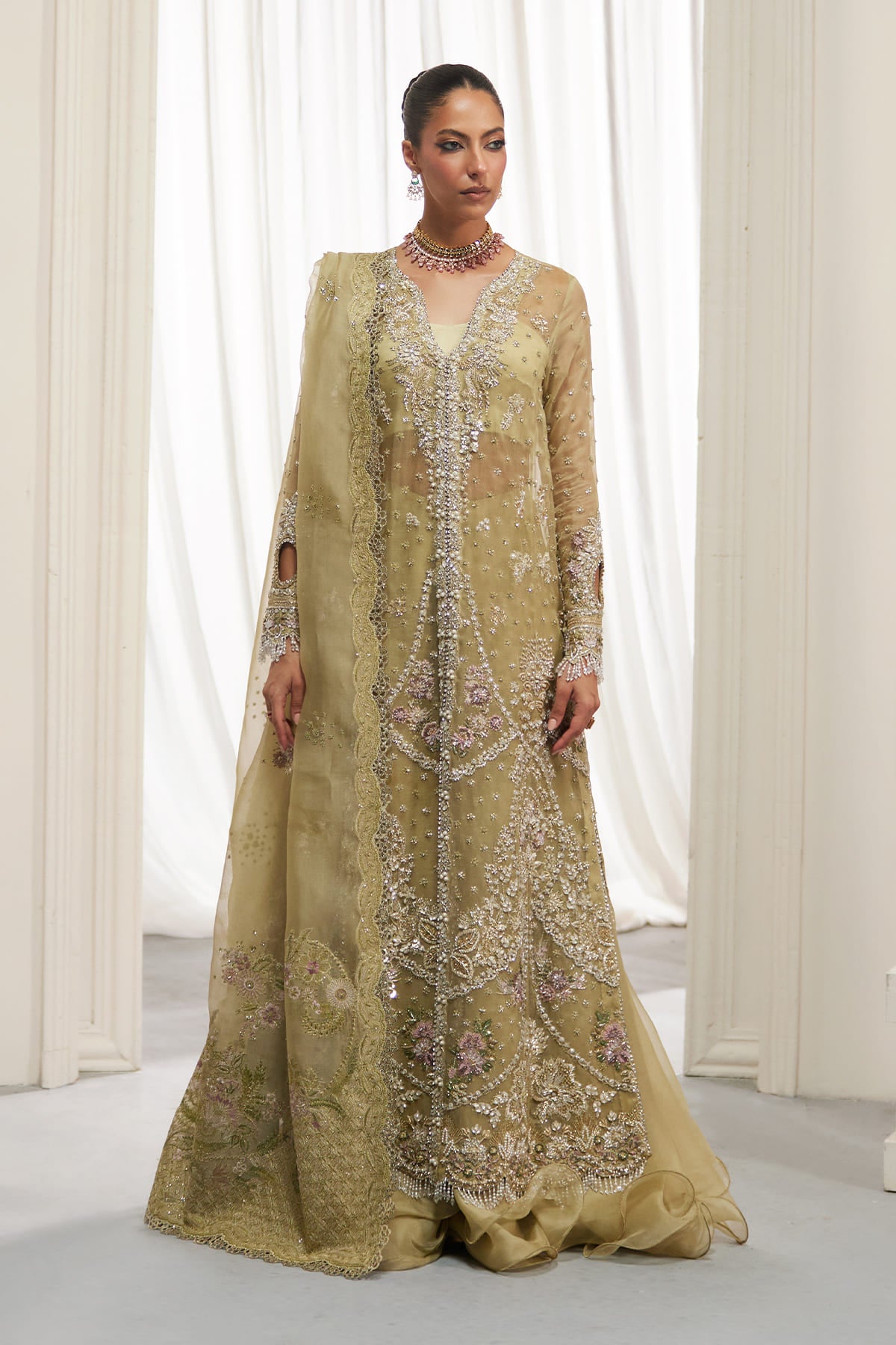 Saad Bin Shahzad Asmira – olive green zardozi organza long shirt with sharara from Lolita'25