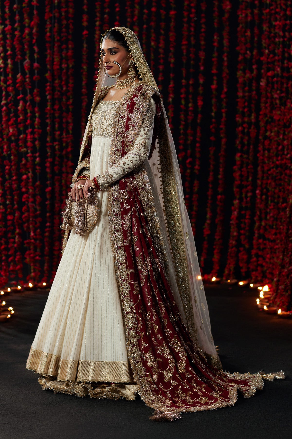 Saad Bin Shahzad Ayda – off-white gold taar bridal pishwas with crimson dupatta from Chandni Bridal'26