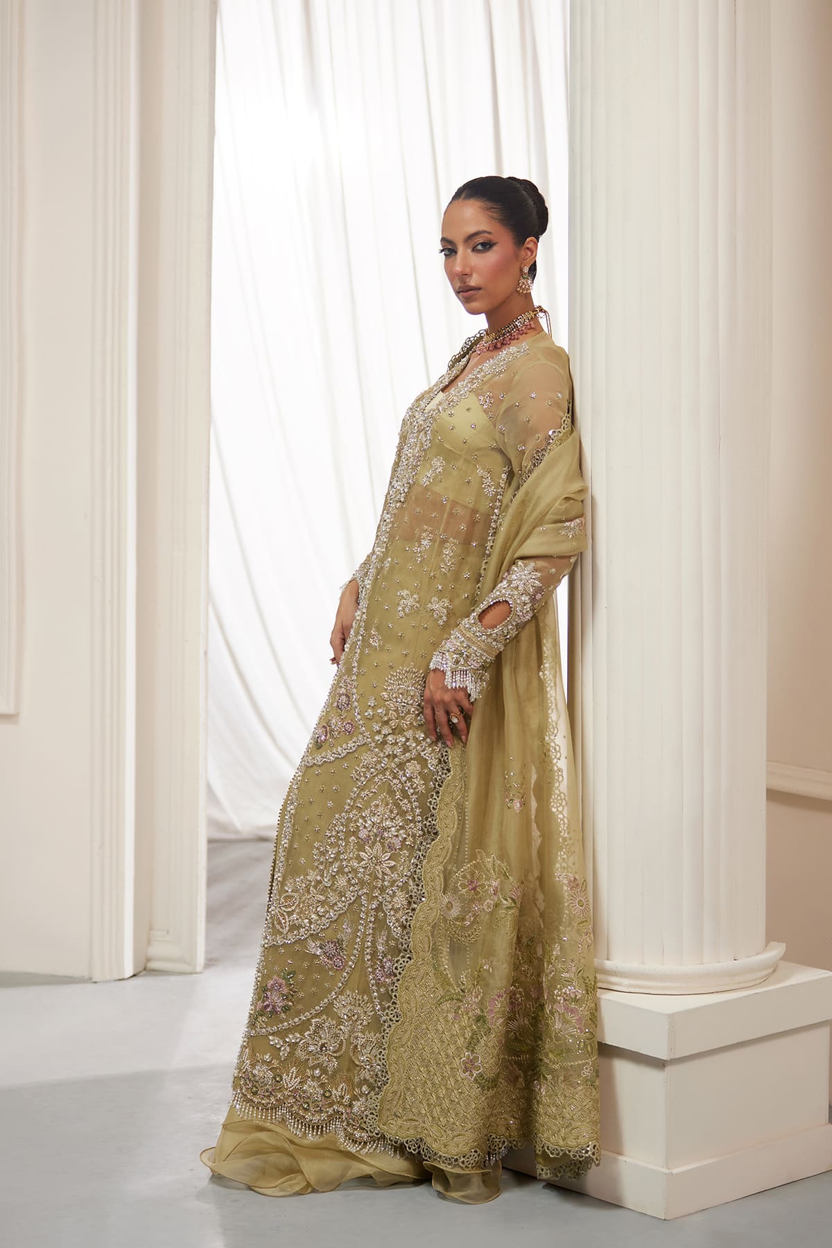 Saad Bin Shahzad Asmira – olive green zardozi organza long shirt with sharara from Lolita'25 – view 2