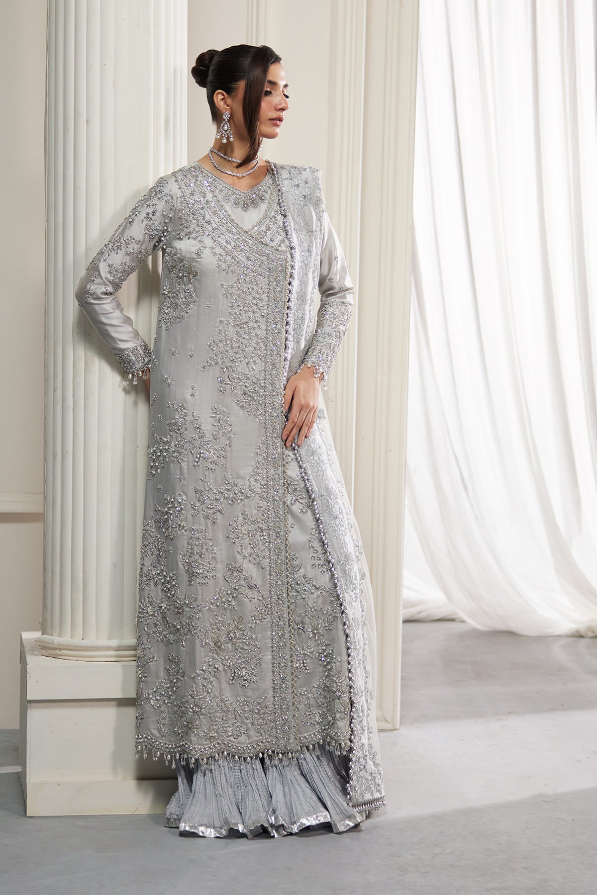 Saad Bin Shahzad Della – silver-grey crystal-embellished sheesha silk angrakha with sharara from Lolita'25