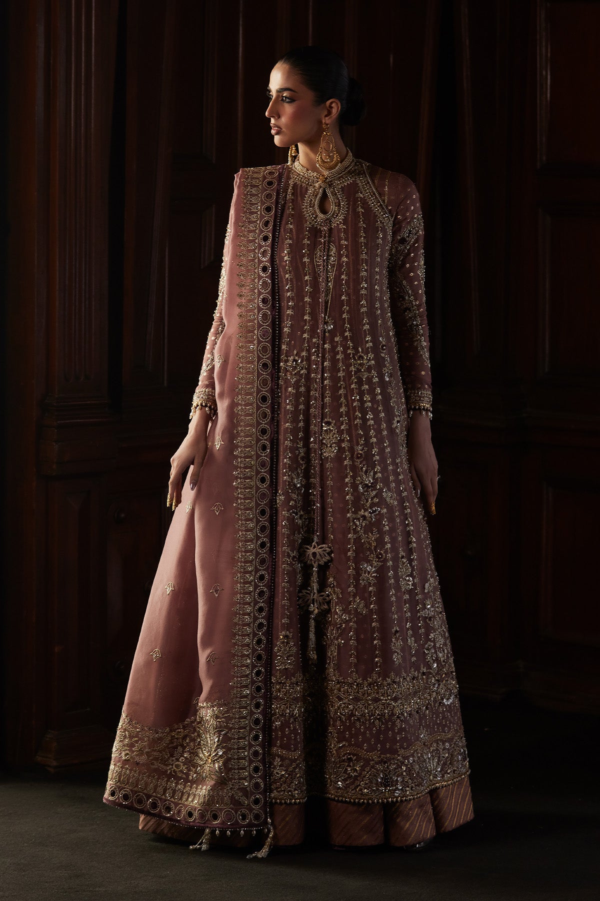 Saad Bin Shahzad Rosalie – rosewood hand-embellished organza kalidar with raw silk sharara from El Veneto Luxury For – view 2