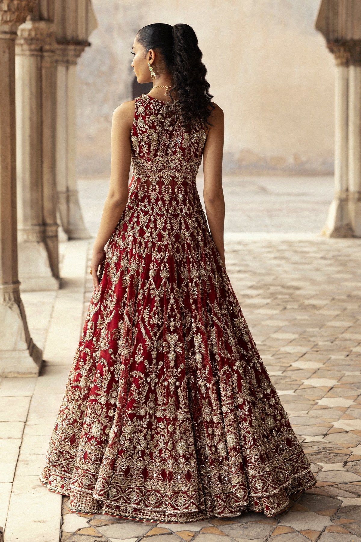 Saad Bin Shahzad Ruhi – deep red gold embroidered bridal pishwas from Sona Gachi Bridals'24 – view 2