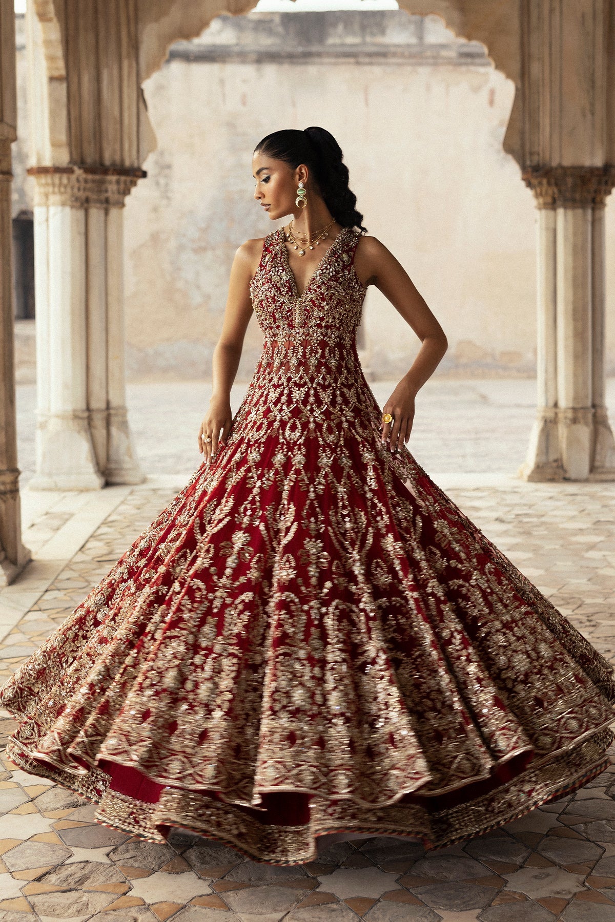 Saad Bin Shahzad Ruhi – deep red gold embroidered bridal pishwas from Sona Gachi Bridals'24