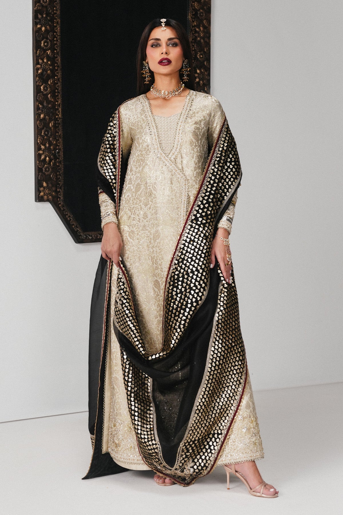 Saad Bin Shahzad Meznah – off-white gold jamawar angrakha with black dupatta from Festive Pret'26 – view 2