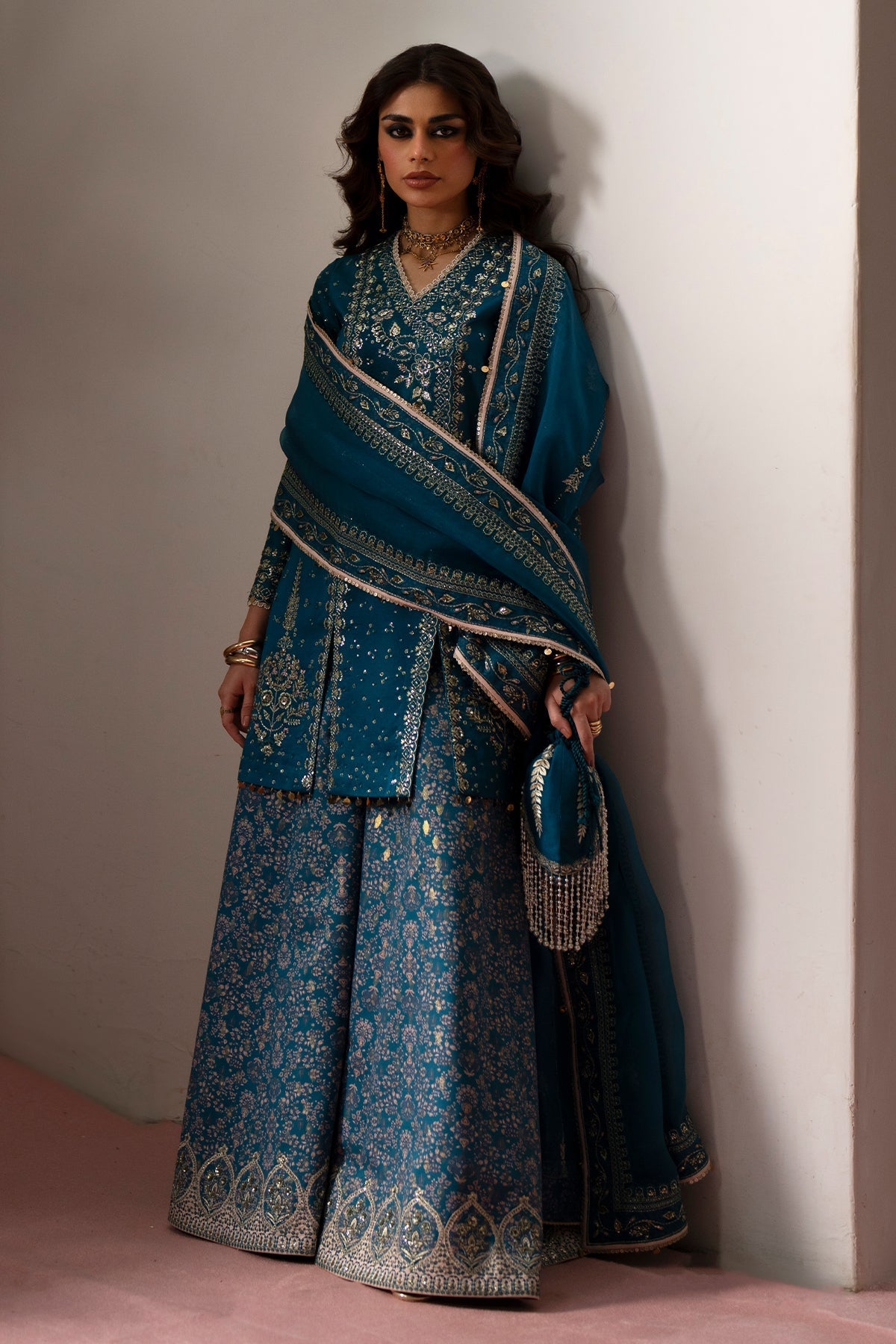 Saad Bin Shahzad Esila – teal tussar silk short shirt with printed silk sharara from Silk'25