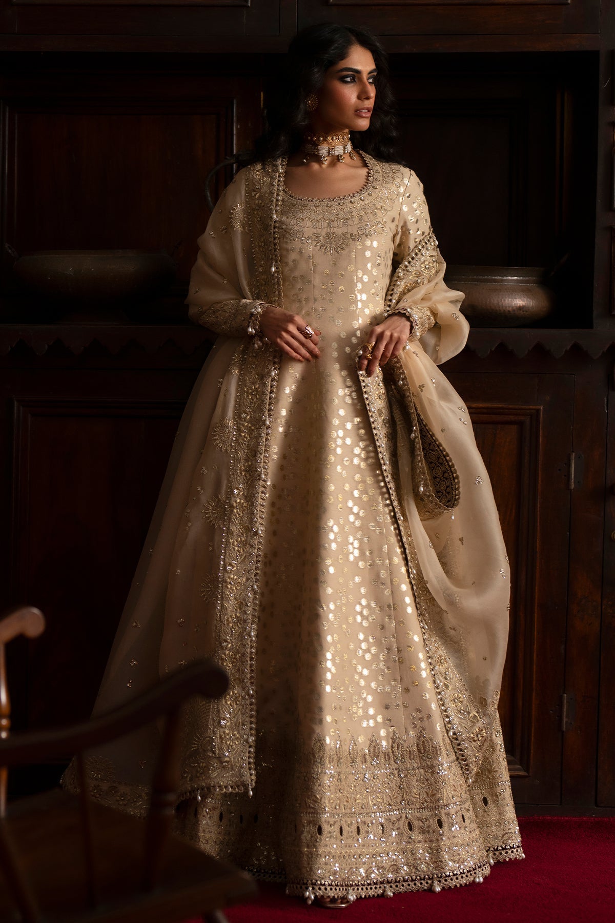Saad Bin Shahzad Saphina – pale gold embroidered zari silk kalidar with sharara from Silk'25