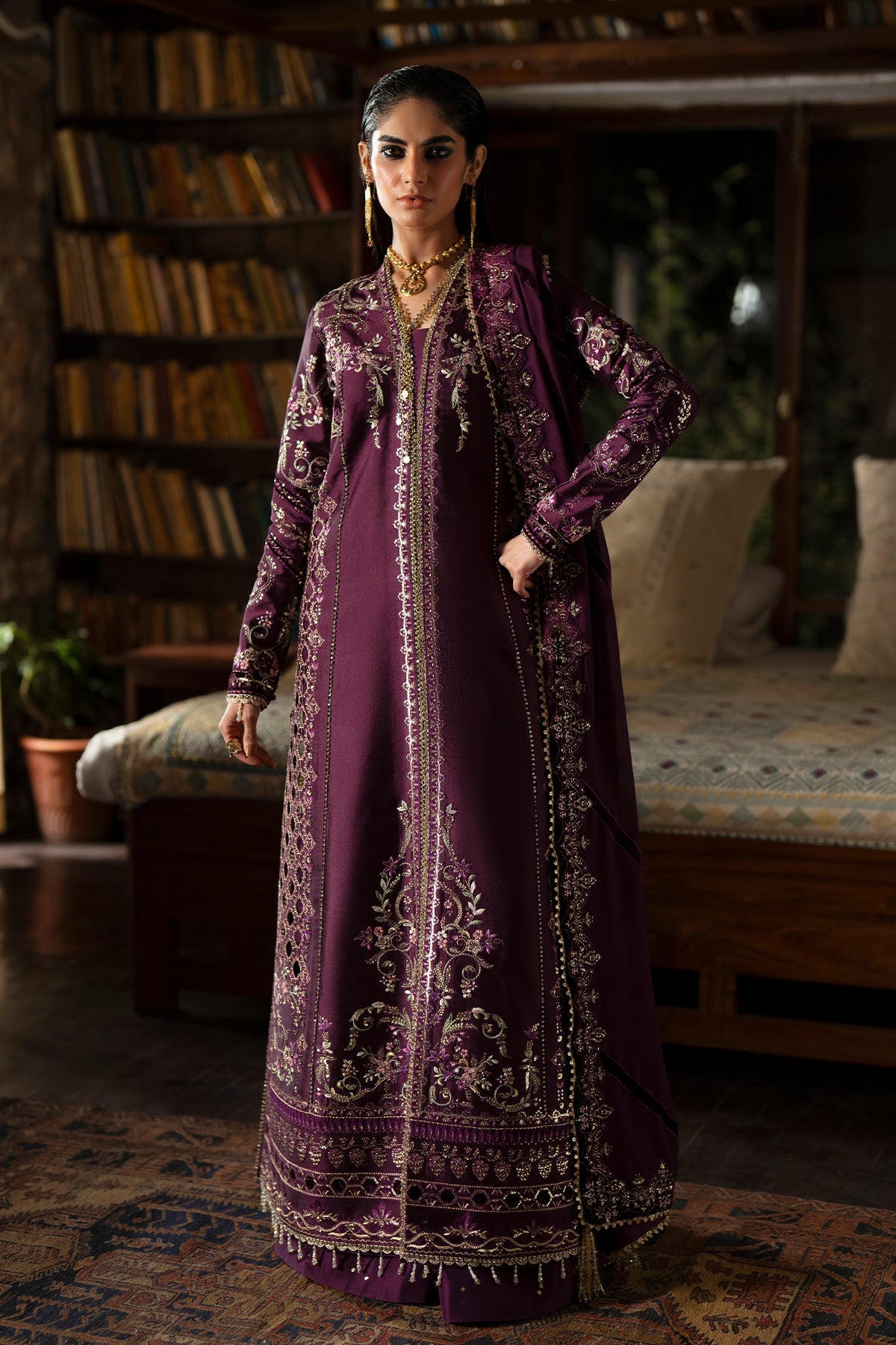 Saad Bin Shahzad Laila – plum embroidered tussar silk open shirt with sharara from Silk'25