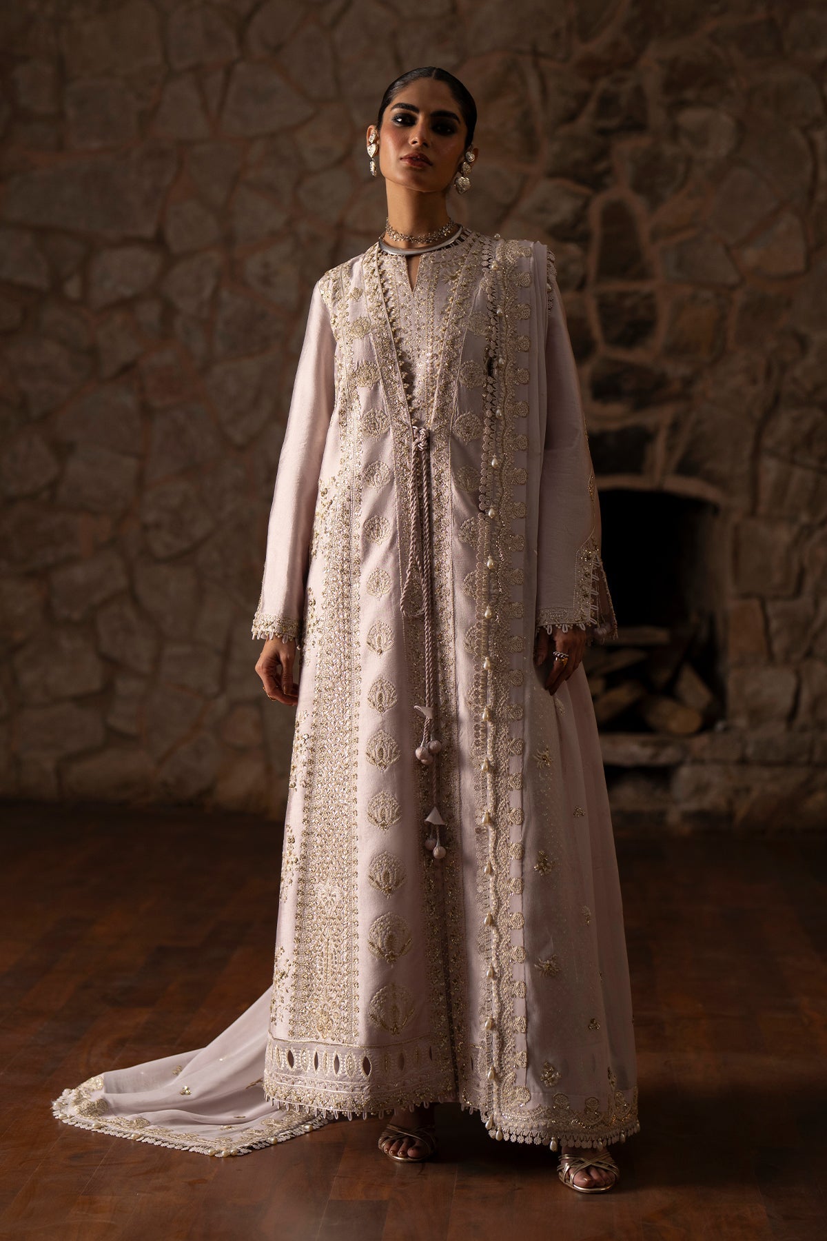 Saad Bin Shahzad Adeen – pastel purple embroidered tussar silk open gown with raw silk pants from Silk'25