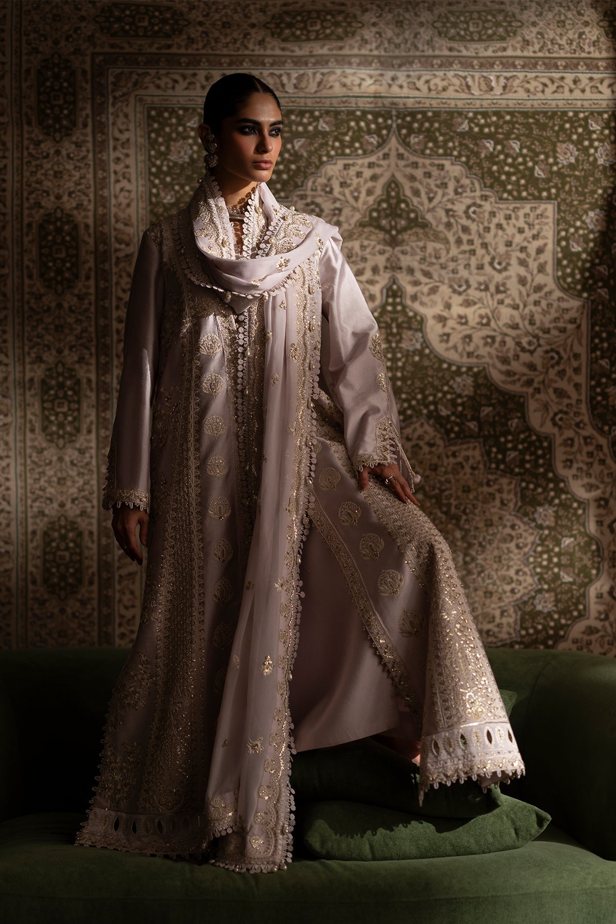 Saad Bin Shahzad Adeen – pastel purple embroidered tussar silk open gown with raw silk pants from Silk'25 – view 2