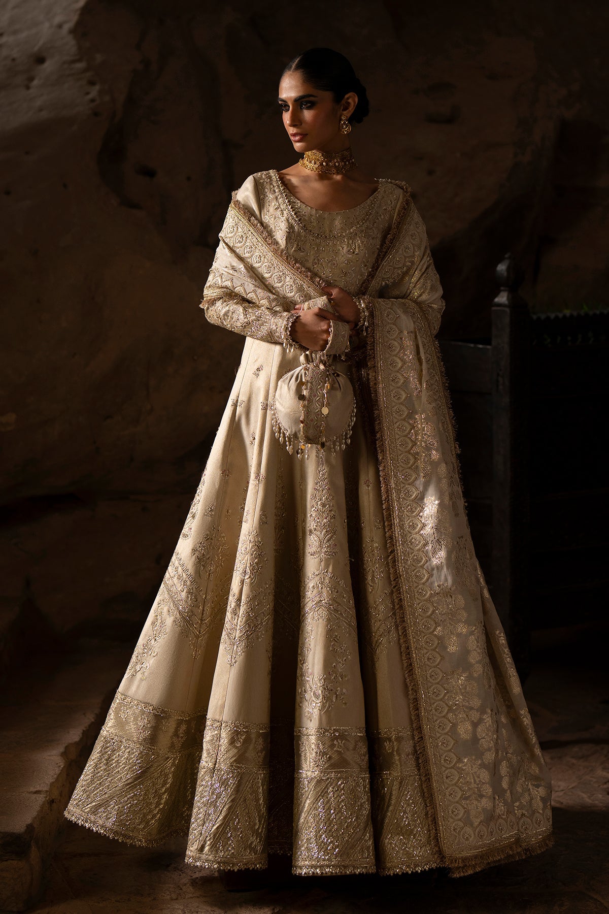 Saad Bin Shahzad Zimal – champagne gold embroidered zari silk pishwas with raw silk lehenga from Silk'25