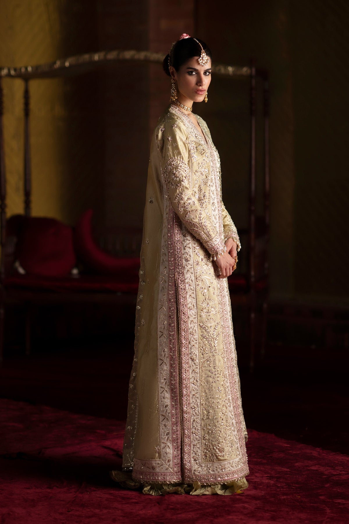 Saad Bin Shahzad Selin – pastel olive embroidered silk long shirt with sharara from LAAVNI'25 – view 2